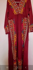 Traditional Embroidered Kaftan Dress Set, Red with Yellow Blue Pink Accents