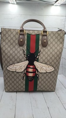 Gucci Bee GG Supreme Tote Bag 437549 Canvas Leather Brown Vertical Men Japan