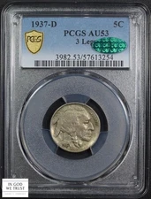 1937 D Three Legged 3 Legs Buffalo Nickel 5C PCGS AU 53 CAC