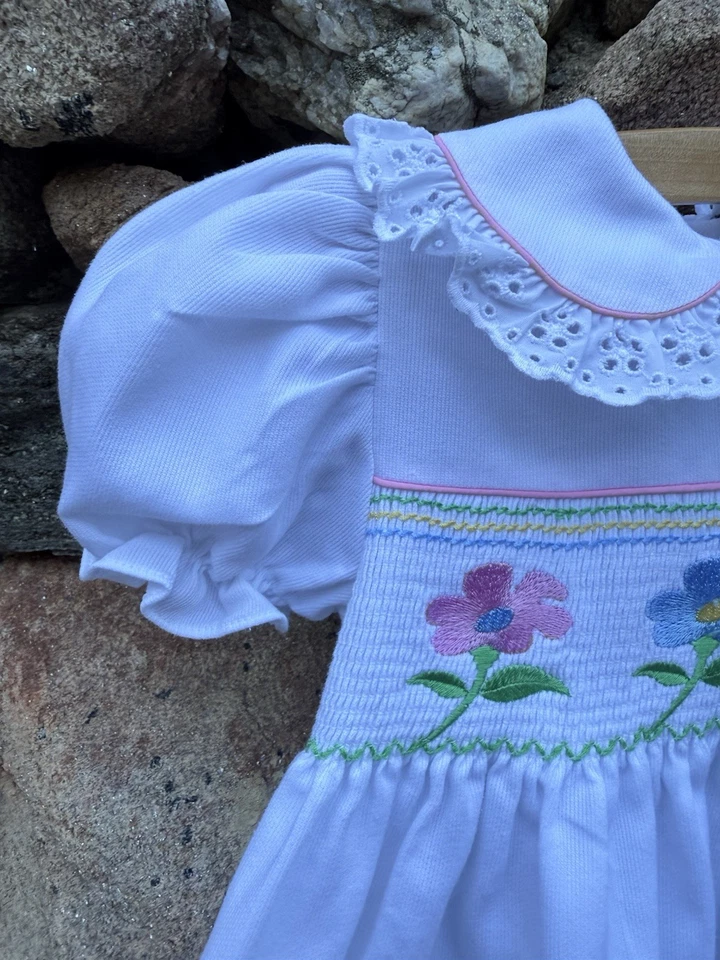 Vintage B.T. Kids Girl’s Dress White Pinwale Cotton Smocked Pastel Floral 3T/4T - Image 3 of 4