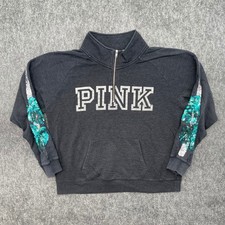 Victoria's Secret PINK Sweater Womens Large 1/4 Zip Gray Sequin Pullover Logo