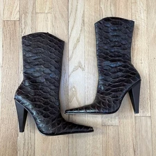 Dolce Vita Pointy Embossed Leather Crocodile Chocolate Brown Midcalf Boots 8.5M