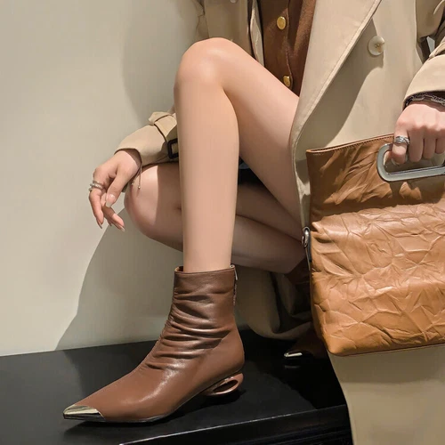 Womens Leather Metal Pointy Toe Draped Mid Heel New Bootie Ankle Boots Shoes - Bild 3 von 17
