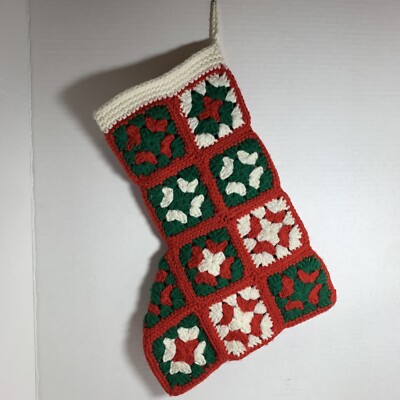 Vintage Granny Square Christmas Stocking 14  Crocheted