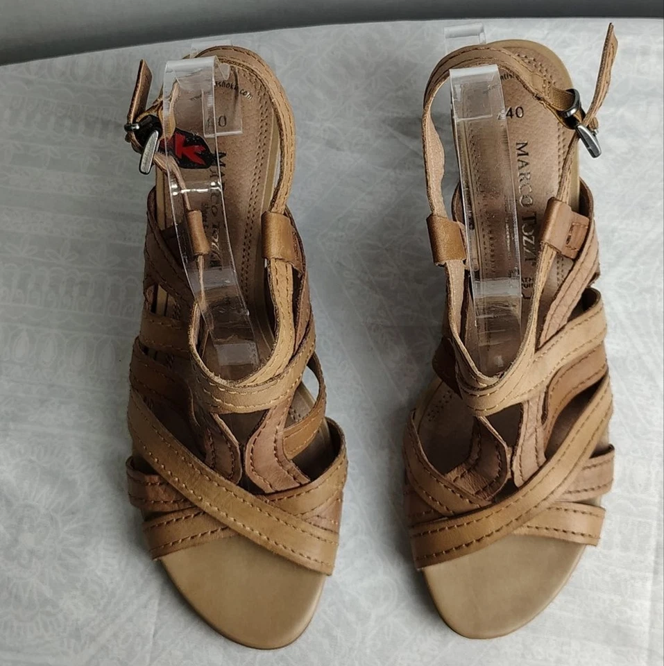 Sandalia para mujer Marco Tozzi cuero marrón cómodo tacón correa al tobillo Alemania EE. UU. 8,5 Foto 2 de 4