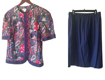 VTG 1980s Lorac Original Lady Carol Red Blue Floral Top & Skirt Womens Size 18.5