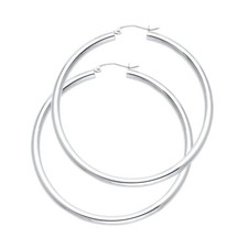 14K White Gold 3mm Thickness Plain Hoop Hinged Earrings Womens Girls