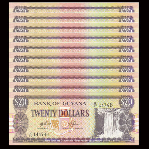 Lot 10 PCS, Guyana 20 Dollars, ND(1996-2018), P-30, Random Signature, UNC - Picture 1 of 3