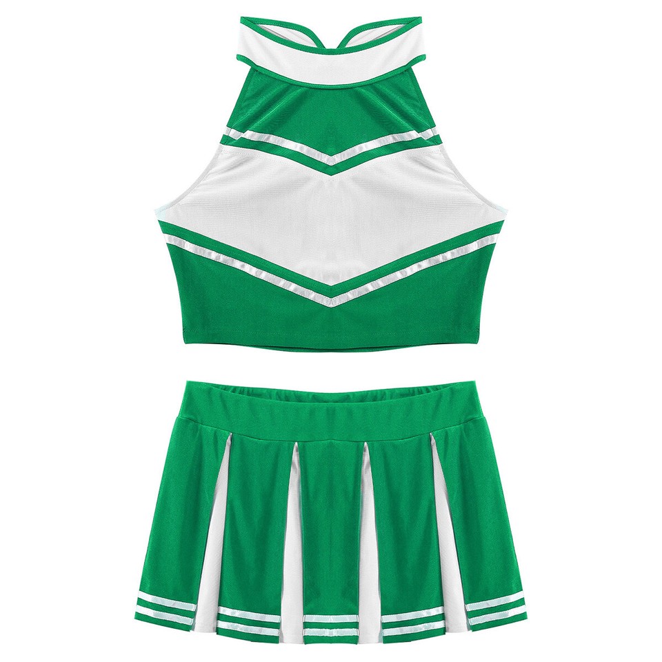 Spooktacular Creations Cheerleader-kostuum voor meisjes, schattige cheerleading-outfit, groen-wit cheeruniform voor Halloween, verkleedpartijen en rollenspel, L