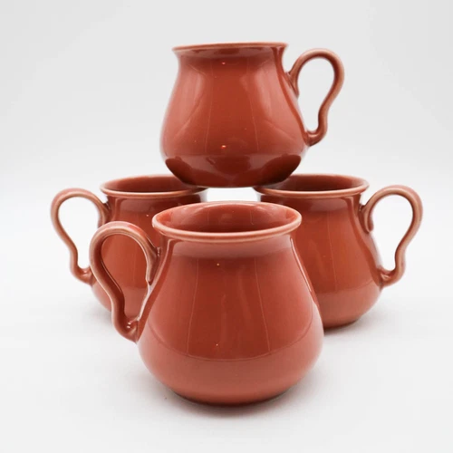 Set of 4 Vintage Pottery Coffee Mugs Tea Cups Ear Handle Brown Mauve Farmhouse