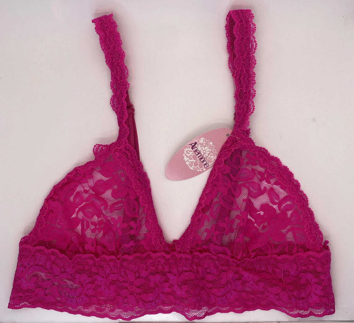 Anemone Bright Pink Triangle Bralette Lace Wide Band Bra Adjustable Straps