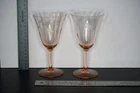 Pink Depression Glass Set of Two (2) Stemmed Wine Glasses Etched Vine