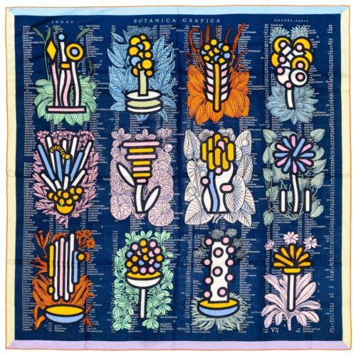 Auth. Hermes Shawl Botanica Grafica - CS140 - Dark Blue Orange - NEW