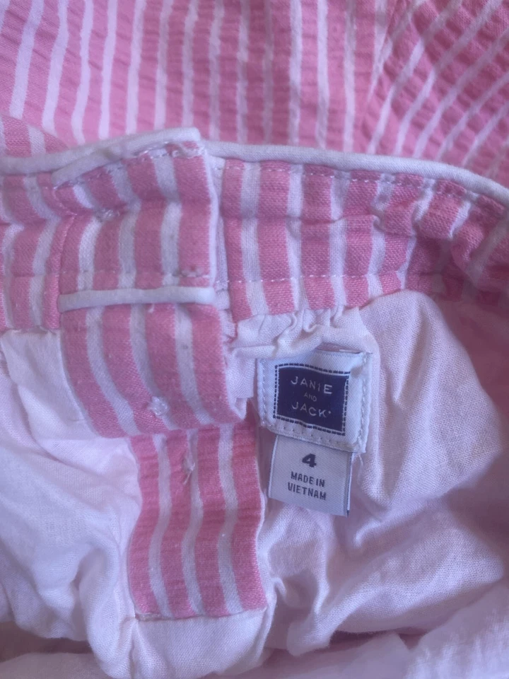 JANIE AND JACK MAMELUCO Niñas 4T Rosa Blanco Halter Seersucker Conjunto Usado en Excelente Condición Foto 3 de 4