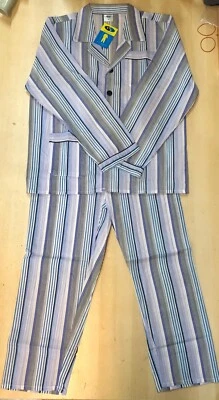 MARKENLOS Herren Schlafanzug Pyjama Lang Knopfleis Baumwolle Blau+Braun gestreift Gr.46-66