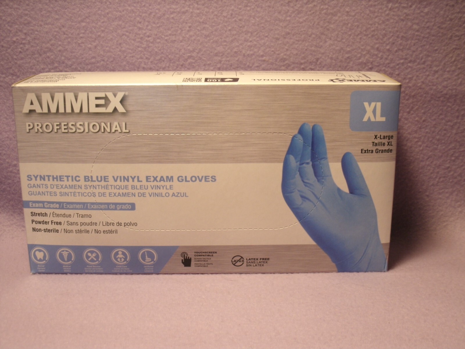 New Ammex Synthetic Blue Vinyl Exam Gloves XL Box of 100 Powder - Main Image
