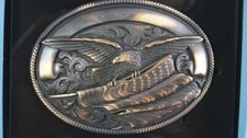 Nocona Antique Brass Belt Buckle Oval Eagle With American Flag Design 37024