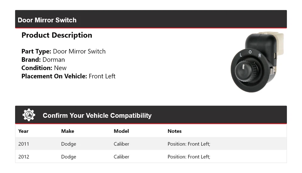 Interruptor de espejo retrovisor de puerta delantero izquierdo Dodge Caliber Dorman 2011-2012 Foto 2 de 4