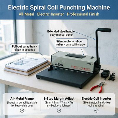 Electric Spiral Coil Binding Machine with Pliers & Inserter Metal Punch Binder