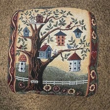 Tapestry Throw Pillow Birdhouse Tree Scene Square Accent Pillow 14.5 inches READ