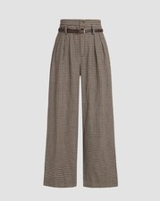 Cider Brown White Check Pleated Wide-Leg Belted Zip Dress Pants Women’s Casual