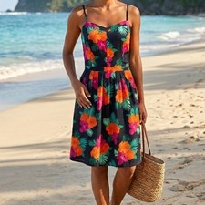 Gap Fit Flare Cami Dress Tropical Floral Tank Navy Size 12 Smocked Sundress Knee