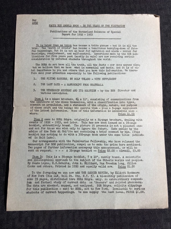 1952 BORDERLAND SCIENCES RESEARCH 1pg In the Years of the Visitation UFO