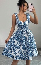 SHEIN Fresh Blue Floral Print Strappy A-Line Midi Dress No Boning Size XXL
