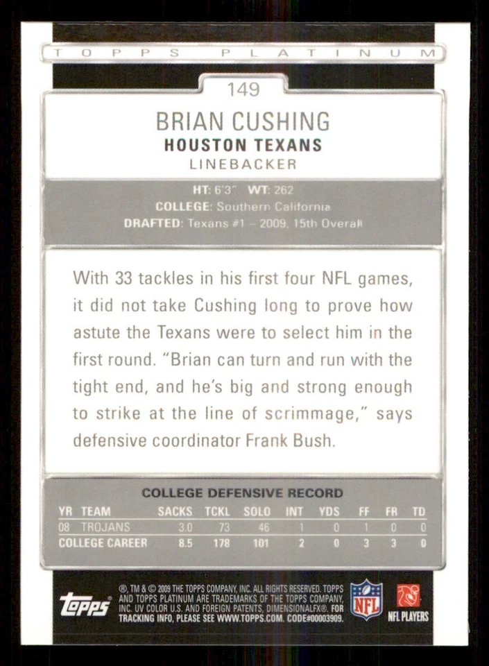 2009 Topps Platinum #149 Brian Cushing RC - Image 2 of 2