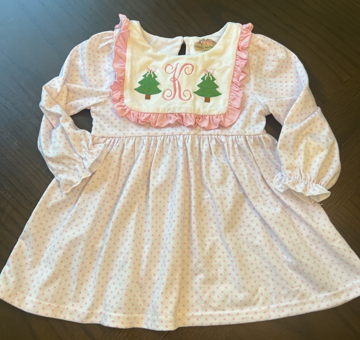monogram christmas dress Pickles And Pralines 2t K Pink Dots Xmas Tree Appliqué Style:74-277