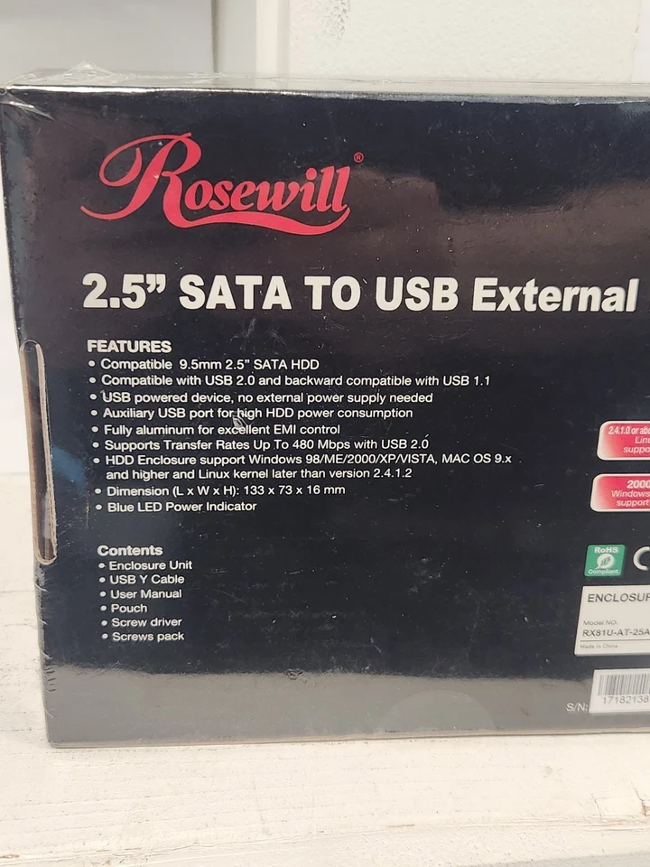 ROSEWILL 2.5” SATA to USB 2.0 External Enclosure Kit Tools Brand NEW Sealed - Image 3 of 4