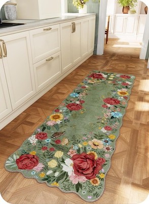 Floral Kitchen Rug 2'x 6' Washable Runner Rugs Non Slip Boho Vintage Low Pile