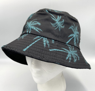 Reversible Beach Bucket Hat Bucket Dixie Cup Cap Black with Palm Trees OS