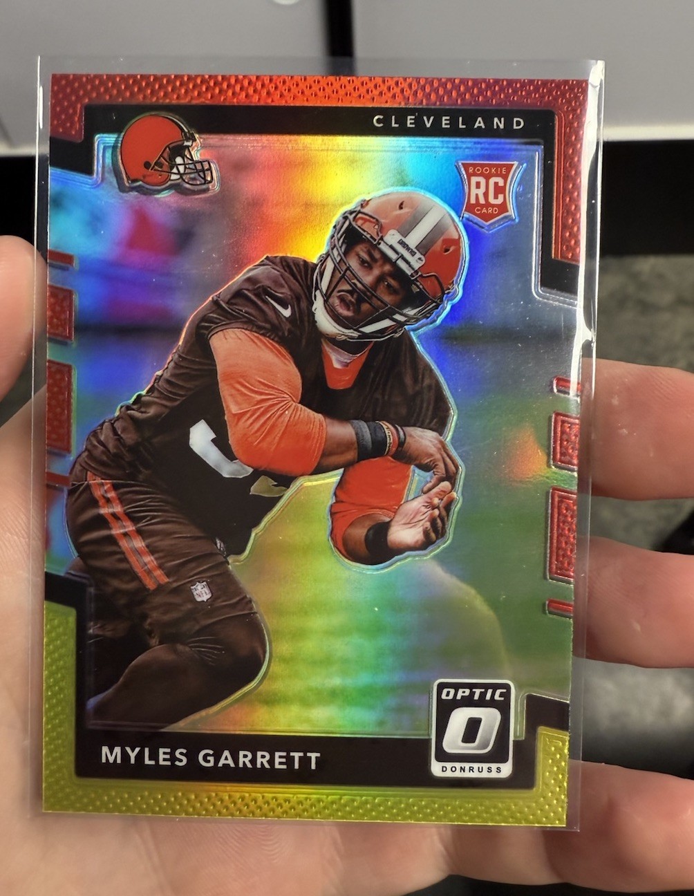 2017 Donruss Optic Rookies Red and Yellow Prizm Myles Garrett #106 Rookie RC
