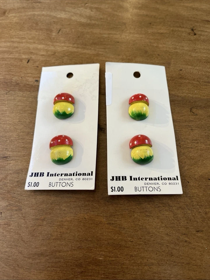 2 Packs Vintage JHB Wood Buttons Mushrooms Red Cap Yellow Stem Green Grass 5/8" - Image 2 of 4