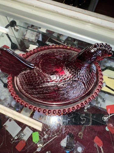 Vintage Indiana Glass RED Hen On A Nest Chicken Candy Dish Art Glass - Picture 3 of 5