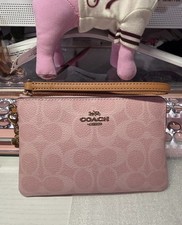 Coach Signature Pink Zip Wristlet Pouch Wrist Gold Hardware Flower Charm new