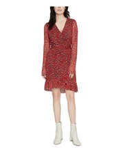 SANCTUARY Womens Wrap Dress Knee Length Red Long Sleeve Animal Print S