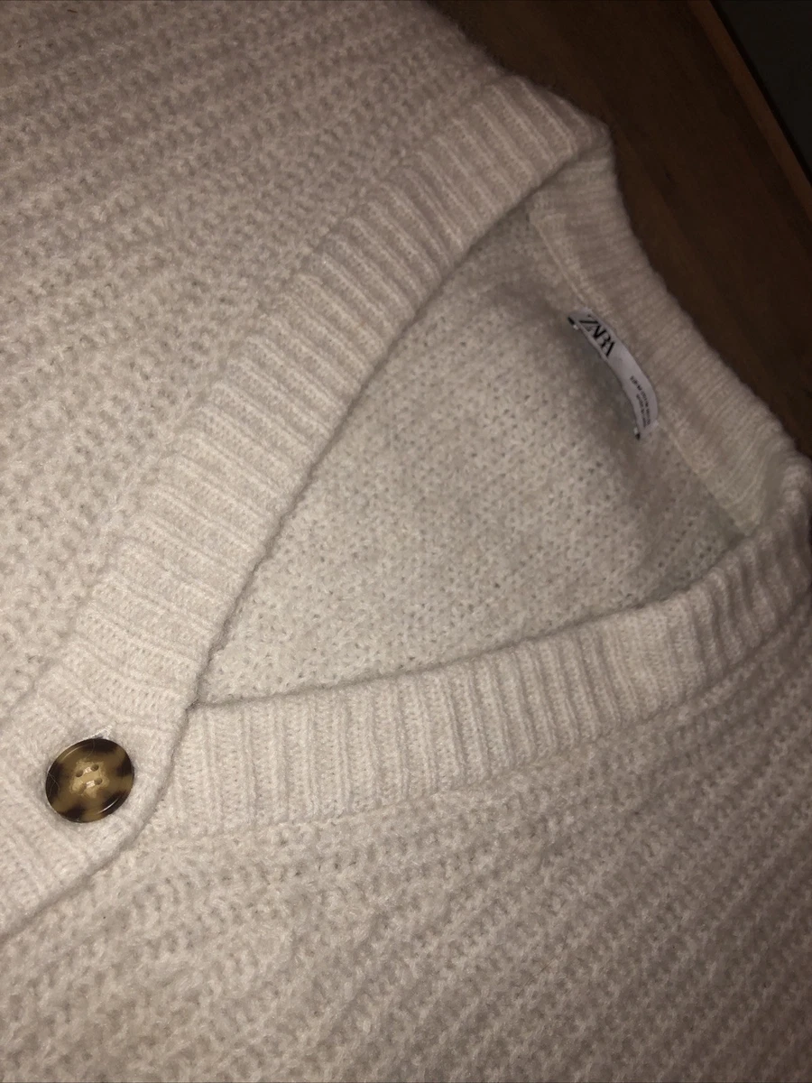 Women ZARA Chunky Knit Cream Wool Blend V- Neck Buttoned Oversized Cardigan Sz M