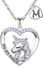 Unicorn Necklace for Girls Gifts - 14K White Gold Plated CZ Heart Pendant Unicor