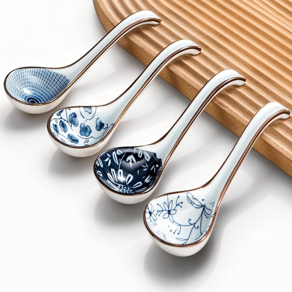 Asian Soup Spoon Set of 4, Ceramic Pho Spoons, Ramen Spoon