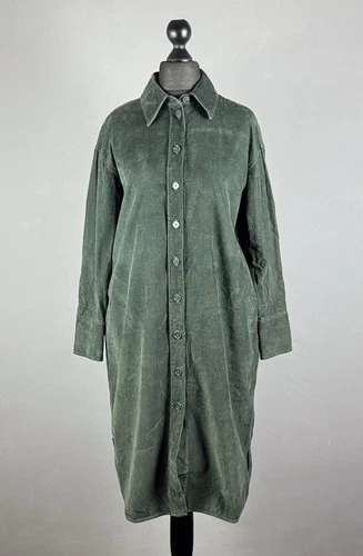 COS Green Corduroy Button Front Oversized Long Shirt Dress Size 34