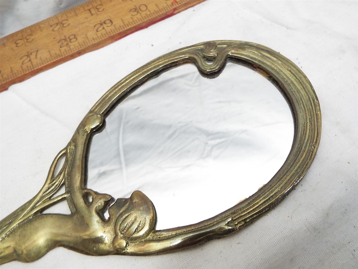 Antique Art Nouveau Brass Hand Mirror c. 1900 Nude Lady Girl  display picture 1