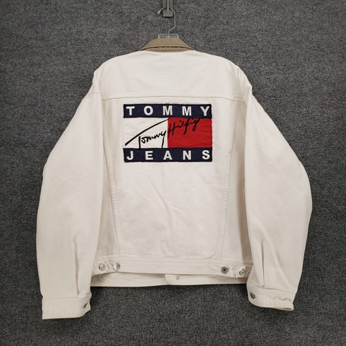 VINTAGE Tommy Hilfiger Jacket Mens L Large White Big Flag Denim Trucker 90s by Tommy Hilfiger, Size L, $143.99