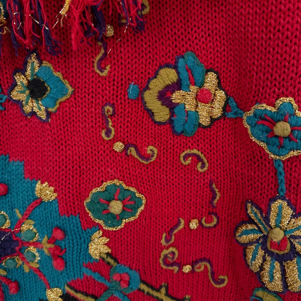 Vintage Michael Simon Red Embroidered Christmas Sweater Large Fringe Holiday 90s - Image 4 of 4