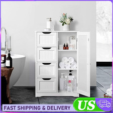White Bathroom Floor Cabinet with 4 Drawers  Shelves   Storage Cupboard