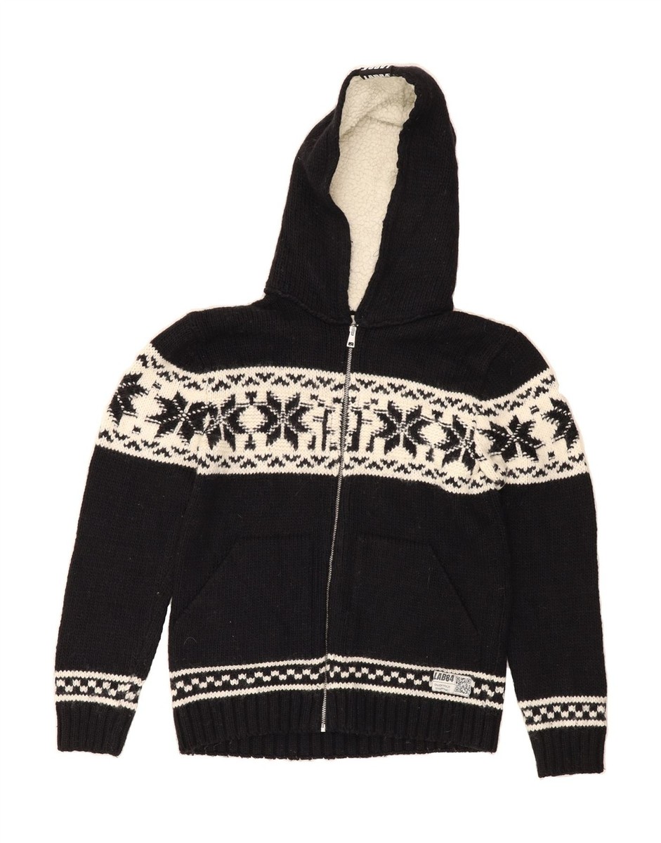 VINTAGE Mens Hooded Cardigan Sweater Medium Navy Blue Fair Isle