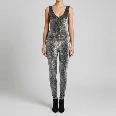 Gucci Grey GG Crystal Embellished Velvet Scoop Neck Jumpsuit S