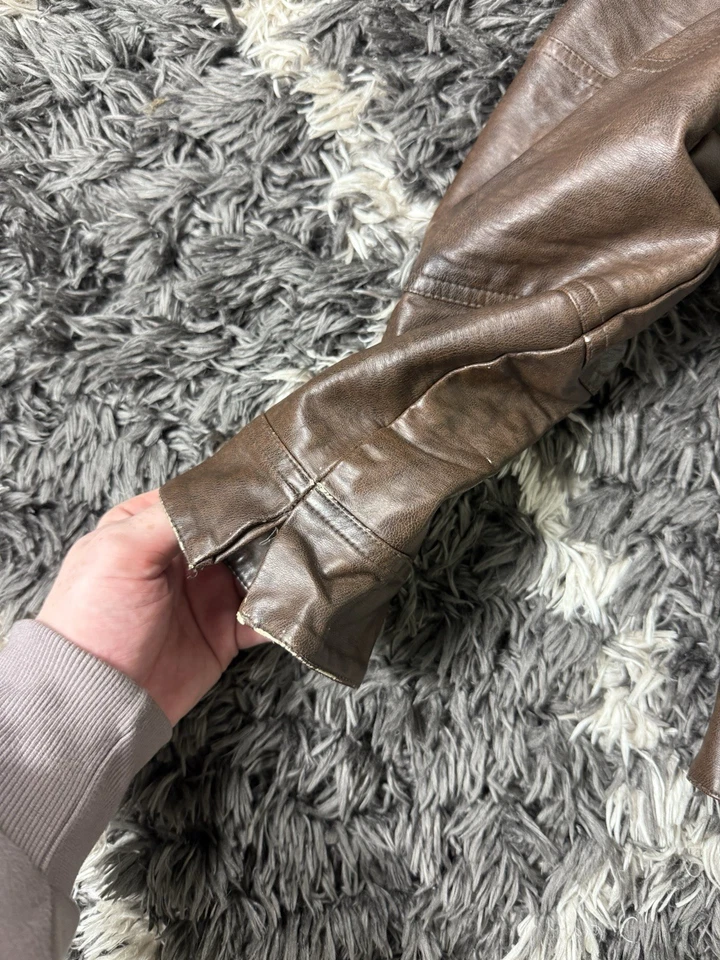 Calvin Klein Leather Jacket Brown Men’s Small Fleece Lined Double Zipper - Image 3 of 4