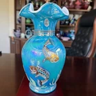 Fenton Designer Showcase Iridized Turquoise Overlay Koi Seascape Vase. Signed